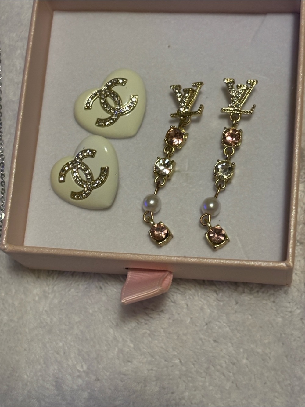 Designer-Inspired Cream Heart Studs and Gold Drop Earrings with Pink Accents